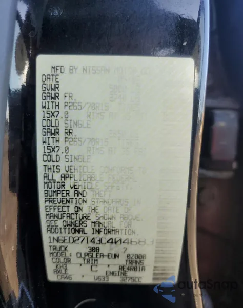 2003 Nissan Frontier Crew Cab Xe z USA, uszkodzony, nr VIN 1N6ED27T43C404683